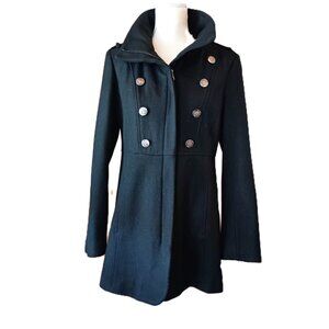 Guess Y2K Double Breast Stand Collar Blk Wool Military Long Pea Coat Pocket Sz L